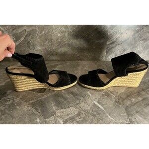 Via Spiga Black Suede Espadrille Wedges Sandals Crochet Trim Women's Size 7M